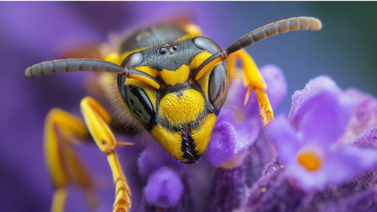 A yellow jacket up close on a purple flower