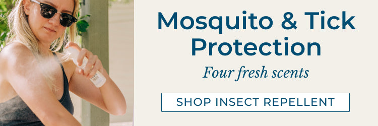 A woman in sunglasses sprays insect repellent on her arm outdoors. Text beside her reads, Mosquito & Tick Protection - Four fresh scents. A button below says, Shop Insect Repellent.