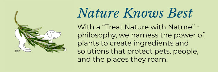 A cartoon dog stands next to green leaves on the left. Text on the right reads: Nature Knows Best. With a Treat Nature with Nature philosophy, we harness the power of plants to create ingredients and solutions that protect pets, people, and the places they roam.