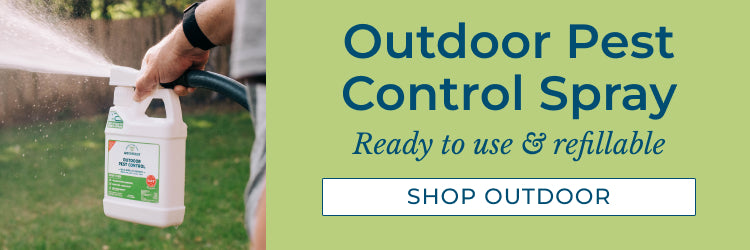 Person spraying from a white container labeled Outdoor Pest Control Spray in a garden. Text on the side reads, Outdoor Pest Control Spray - Ready to use & refillable with a Shop Outdoor button below.