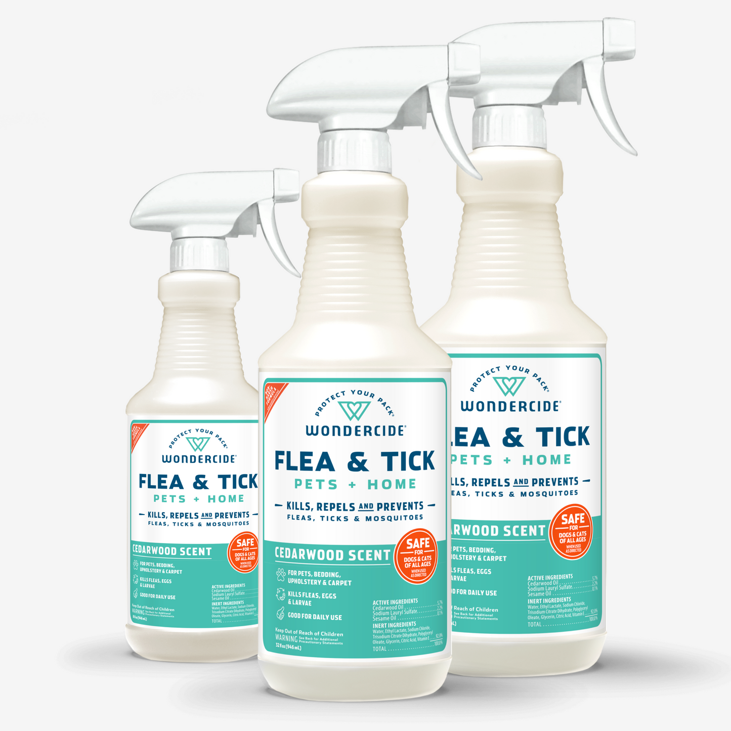 Three bottles of Wondercides Apartment Treatment Kit, a Flea & Tick spray with natural essential oils, are showcased. This cedarwood-scented formula is plant-powered and effective for pets and homes, highlighted for its pest-killing and repelling capabilities while ensuring safety for you and your pets.