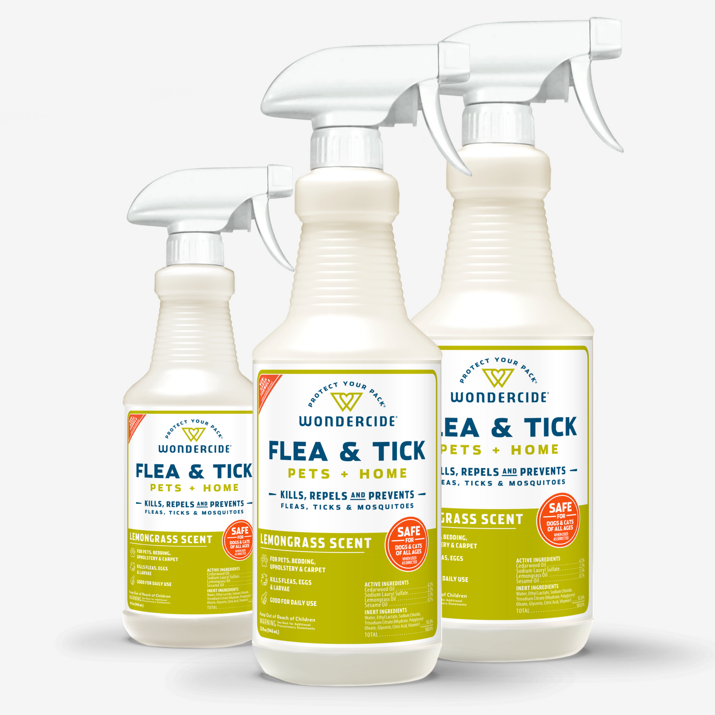Three Wondercide Apartment Treatment Kits, featuring Flea & Tick Spray with Natural Essential Oils in refreshing lemongrass scent and a convenient trigger nozzle, kill, repel, and prevent fleas, ticks, and mosquitoes effectively.