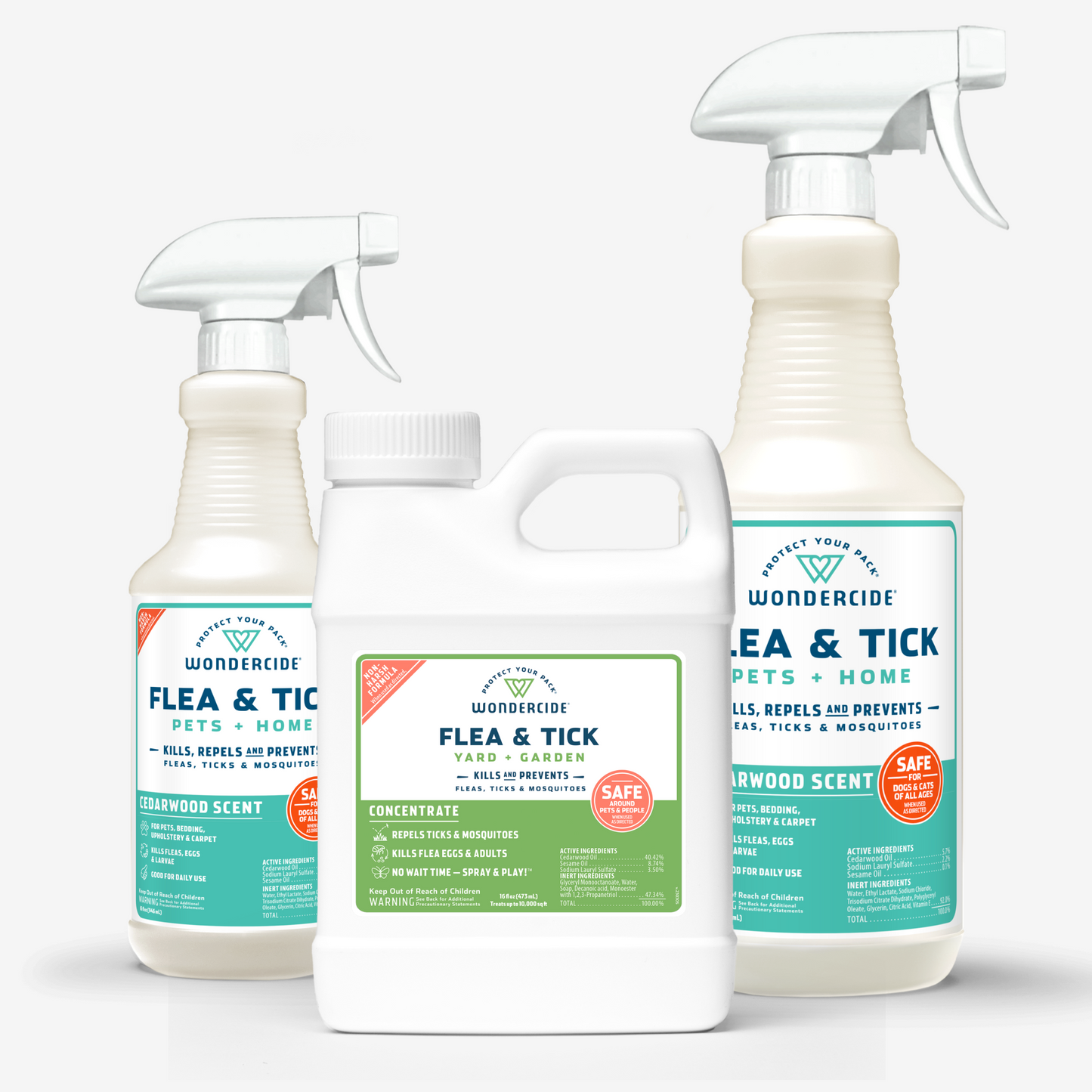 Wondercides Early Intervention Kit features three flea and tick solutions with natural essential oils: two Pets + Home Cedarwood sprays flanking a central Yard + Garden concentrate jug.
