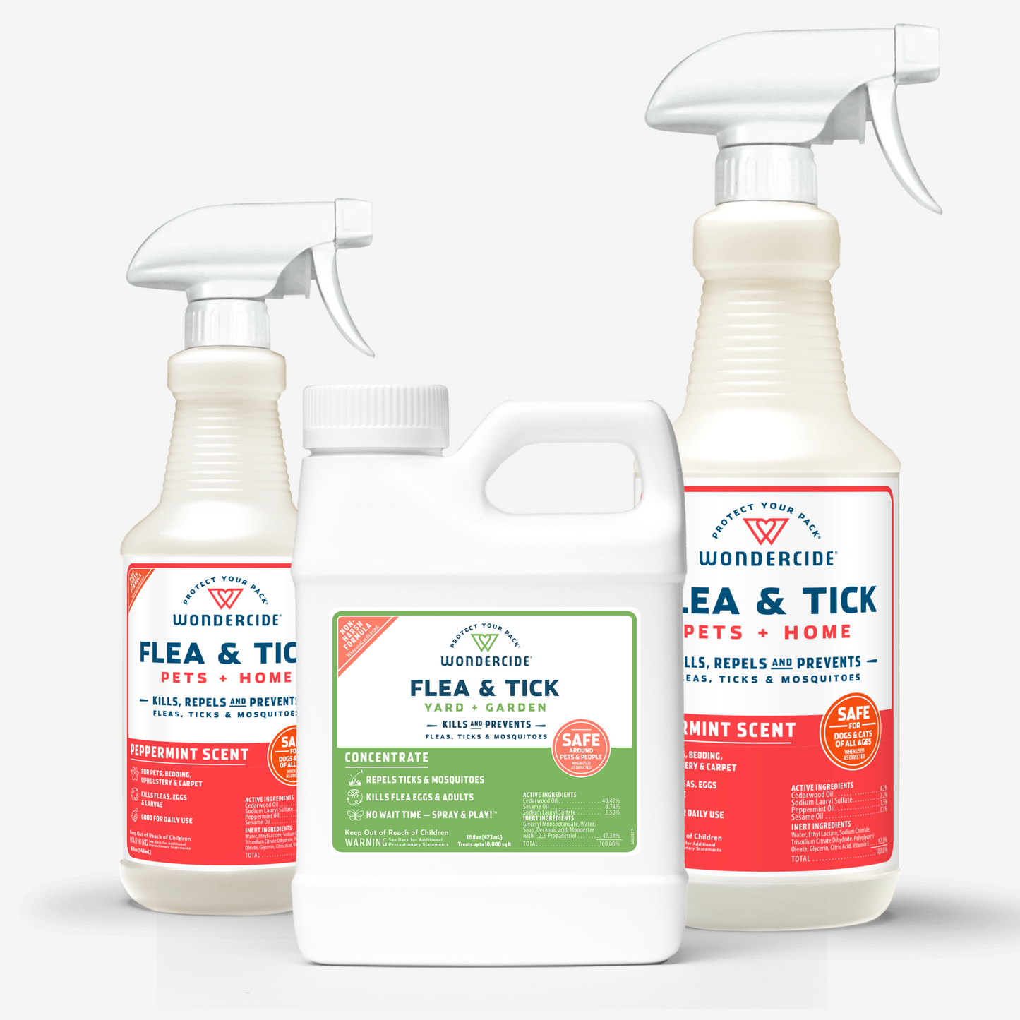 The Early Intervention Kit by Wondercide includes three bottles of Flea & Tick spray: two with spray nozzles labeled Pets + Home in peppermint and lemongrass scents, and one Yard + Garden concentrate jug in a refreshing peppermint scent.