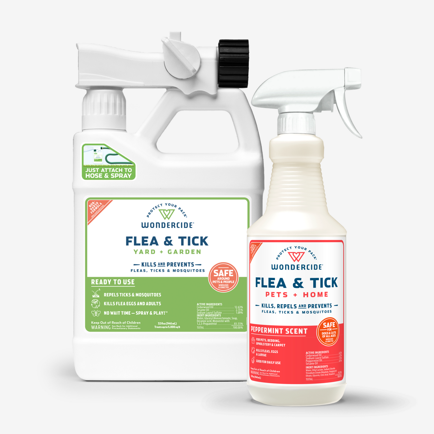 The Complete Control Flea & Tick Kit by Wondercide includes two white bottles: a larger, green-labeled yard and garden spray safe for dogs and cats, and a smaller red-labeled peppermint-scented spray for pets and home, both offering plant-powered protection.