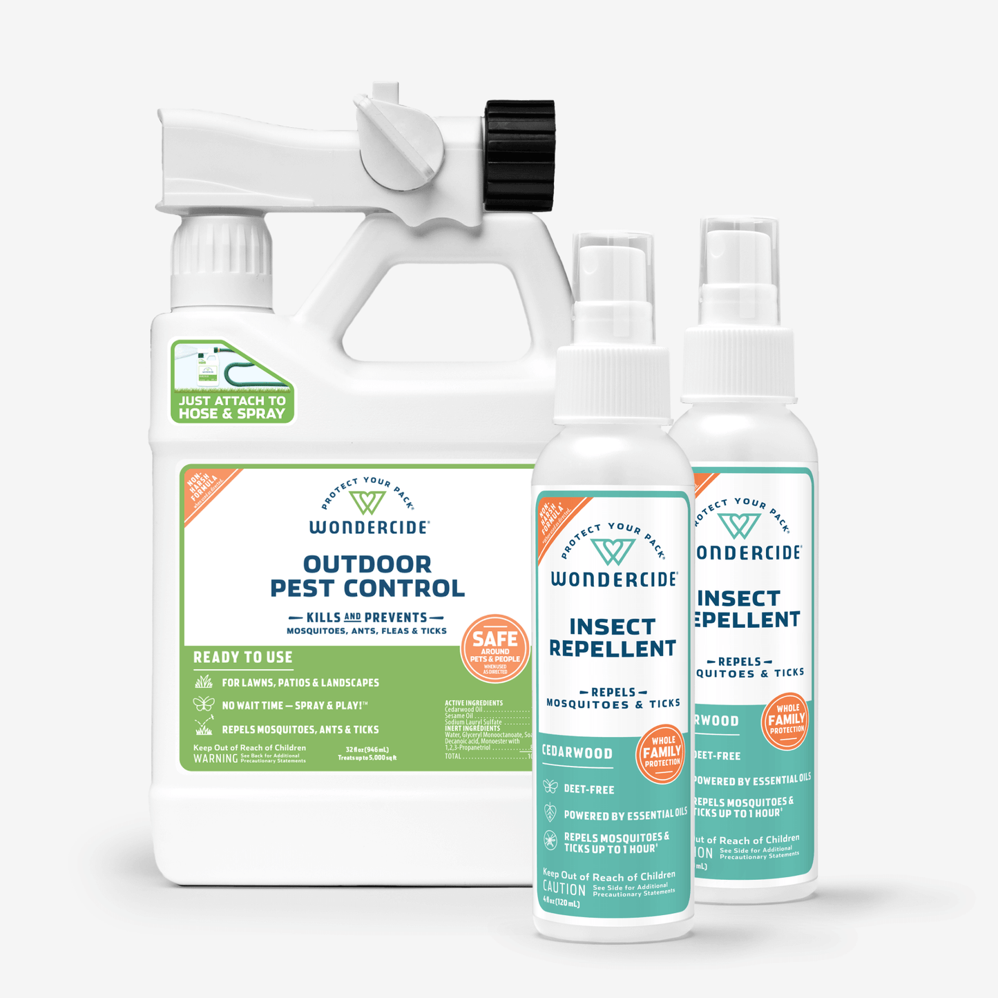 The Wondercide Complete Control Mosquito Kit with Natural Essential Oils includes a large outdoor mosquito repellent spray with hose attachment and two family-safe, essential oil-based repellent sprays for all-around protection.