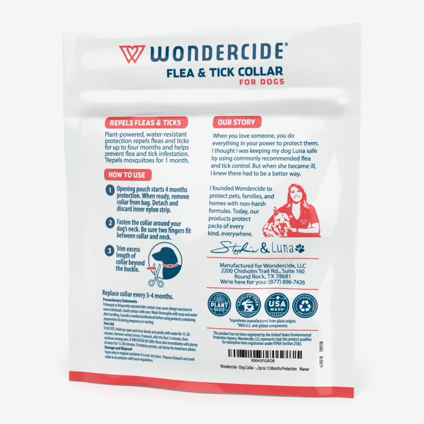 The back of a Wondercide 12-Month Flea & Tick Collar for Small to Medium Dogs package features plant-powered benefits, usage instructions, a collar illustration, company story, and certification icons for effective flea and tick protection.