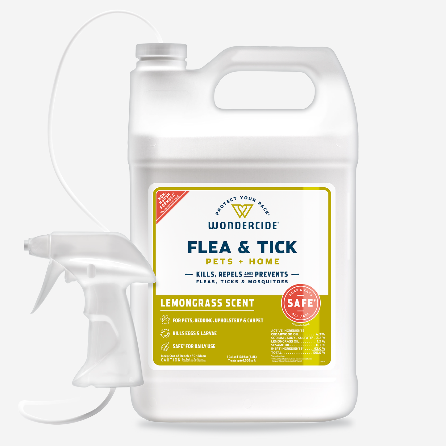 A 128 oz. white Wondercide jug, labeled Lemongrass Flea & Tick Spray for Pets + Home, features a hand spray attachment and a yellow-green label. Its pet-safe formula with natural essential oils and a lemongrass scent is ideal for repelling fleas, ticks, and mosquitoes in your home.
