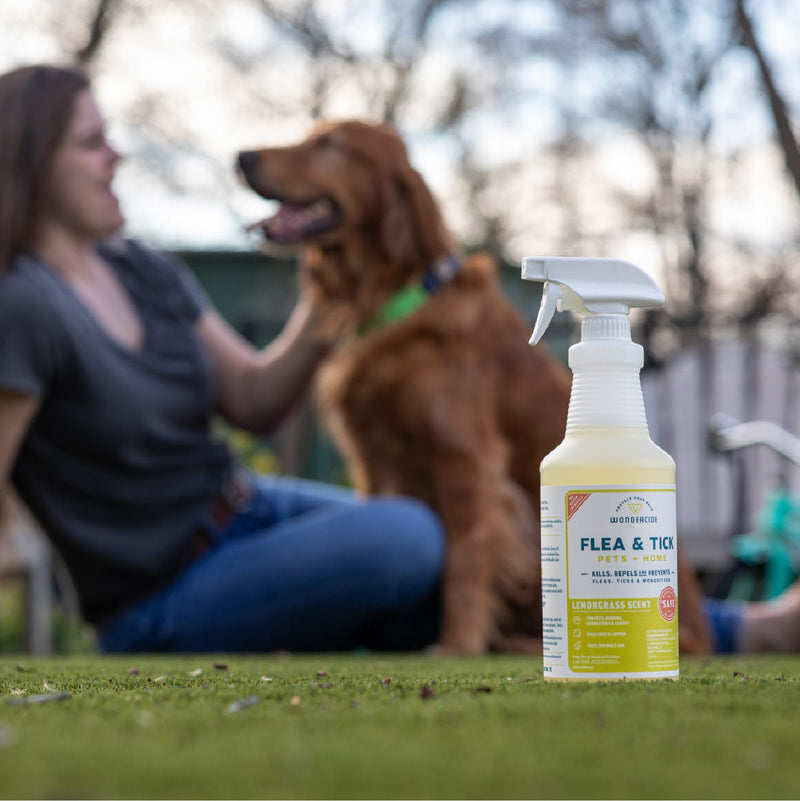 A 128 oz. Wondercide Lemongrass Flea & Tick Spray sits on the grass, with a woman and her golden retriever in the blurred background, showing outdoor protection for pets and home.