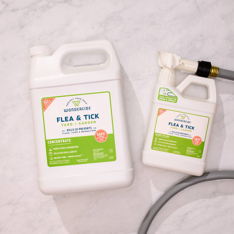 Two white containers of Wondercide Flea & Tick Concentrate for Yard + Garden (128 oz and a hose-attached bottle) sit on marble, offering powerful pest protection and mosquito repellent for your outdoor spaces.