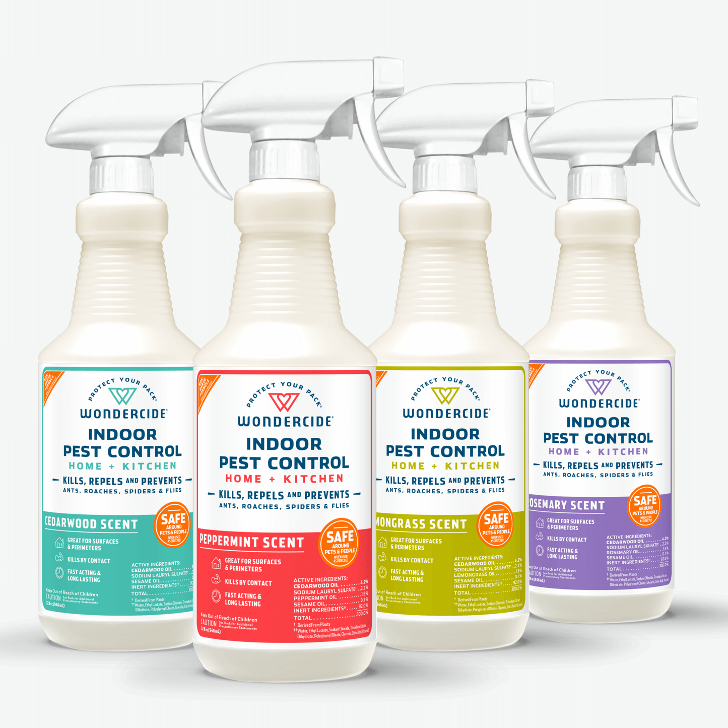 Four bottles of Wondercide Indoor Pest Control for Home + Kitchen with Natural Essential Oils in cedarwood, peppermint, lemongrass, and rosemary scents, side by side. Each bright label highlights pet-safe indoor protection.