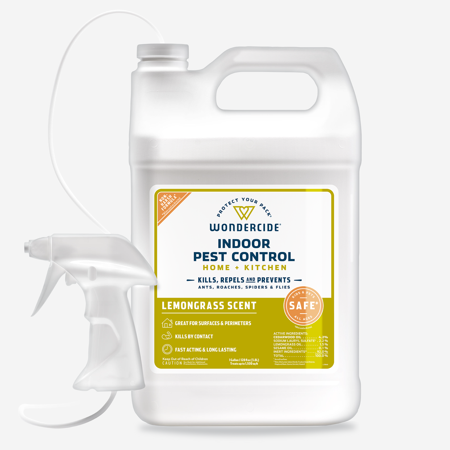 Photo of a Wondercide 128 oz. Lemongrass Indoor Pest Control bottle, white with a green and yellow label. Made for home and kitchen use, it features natural essential oils for safe pest protection around pets indoors.
