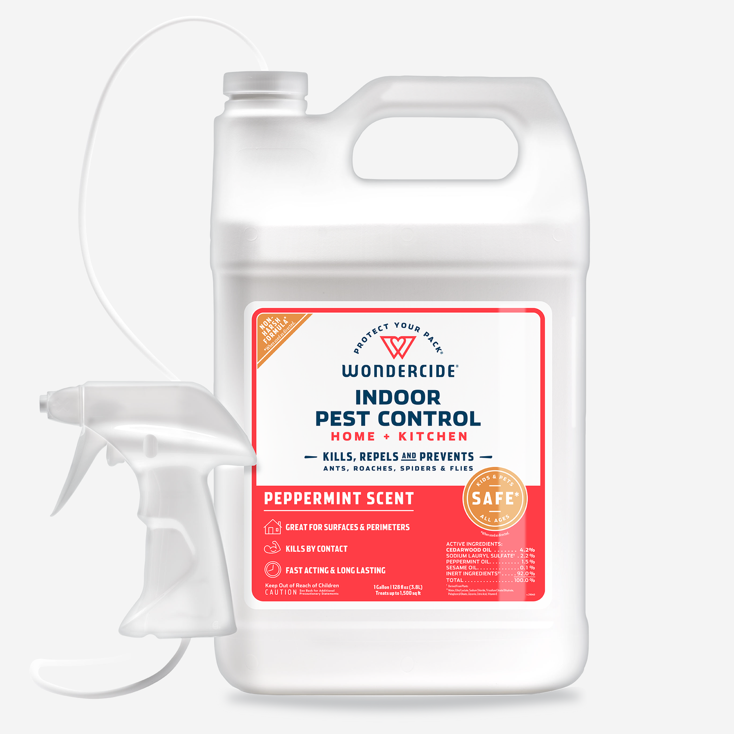 A white plastic jug of Wondercides 128 oz. Peppermint Indoor Pest Control for Home + Kitchen, featuring a red label and spray nozzle. It uses natural essential oils to repel and kill ants, spiders, and other common pests with a refreshing peppermint scent.
