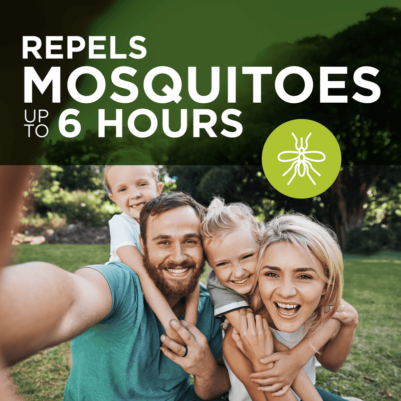 A family taking a selfie outdoors in a grassy park, with large text at the top reading 'REPELS MOSQUITOES UP TO 6 HOURS' and a green mosquito icon on a dark green background.
