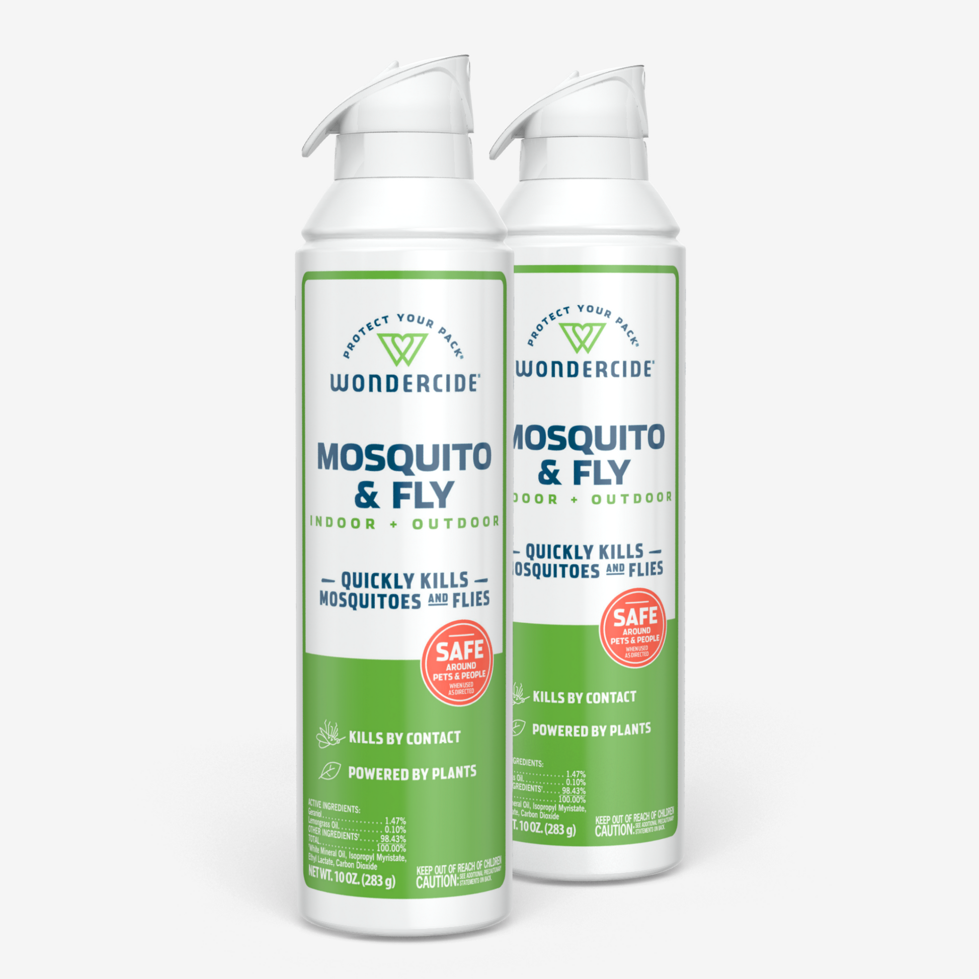 Two cans of Wondercide Mosquito & Fly for Indoor + Outdoor with Natural Essential Oils stand side by side. The label highlights its plant-powered formula, safe for pets and family. Effective against mosquitoes and flies, both cans feature a white top and green body, ensuring safety and efficacy.