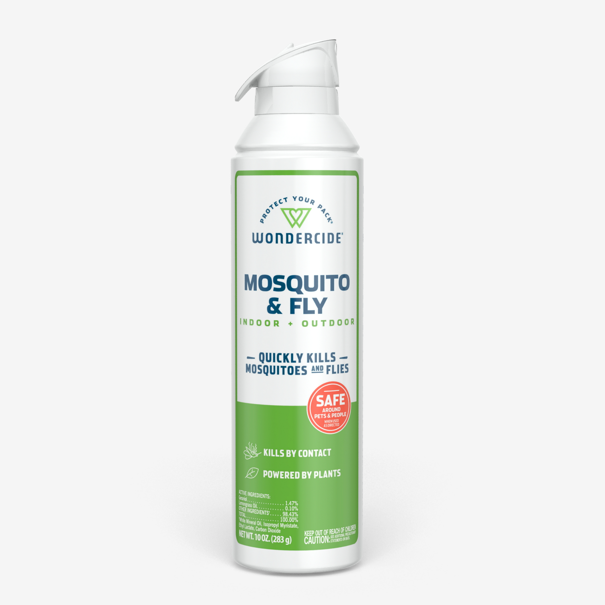Wondercides Mosquito & Fly for Indoor + Outdoor, a 10 oz (283 g) plant-powered aerosol with a green and white label, effectively kills mosquitoes quickly while ensuring safety around pets and family, using natural essential oils.