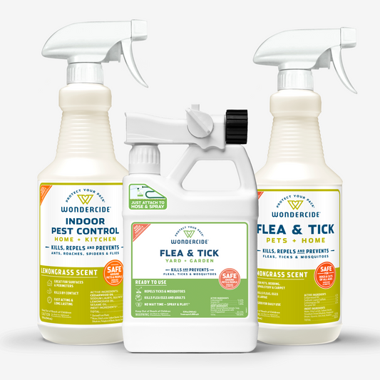 Discover Wondercides Pest Protection Kit with Natural Essential Oils, featuring Indoor Pest Control with a refreshing lemongrass scent, Flea & Tick Spray for home and pets, and a yard/garden treatment. Each ready-to-use bottle includes essential safety and usage information.