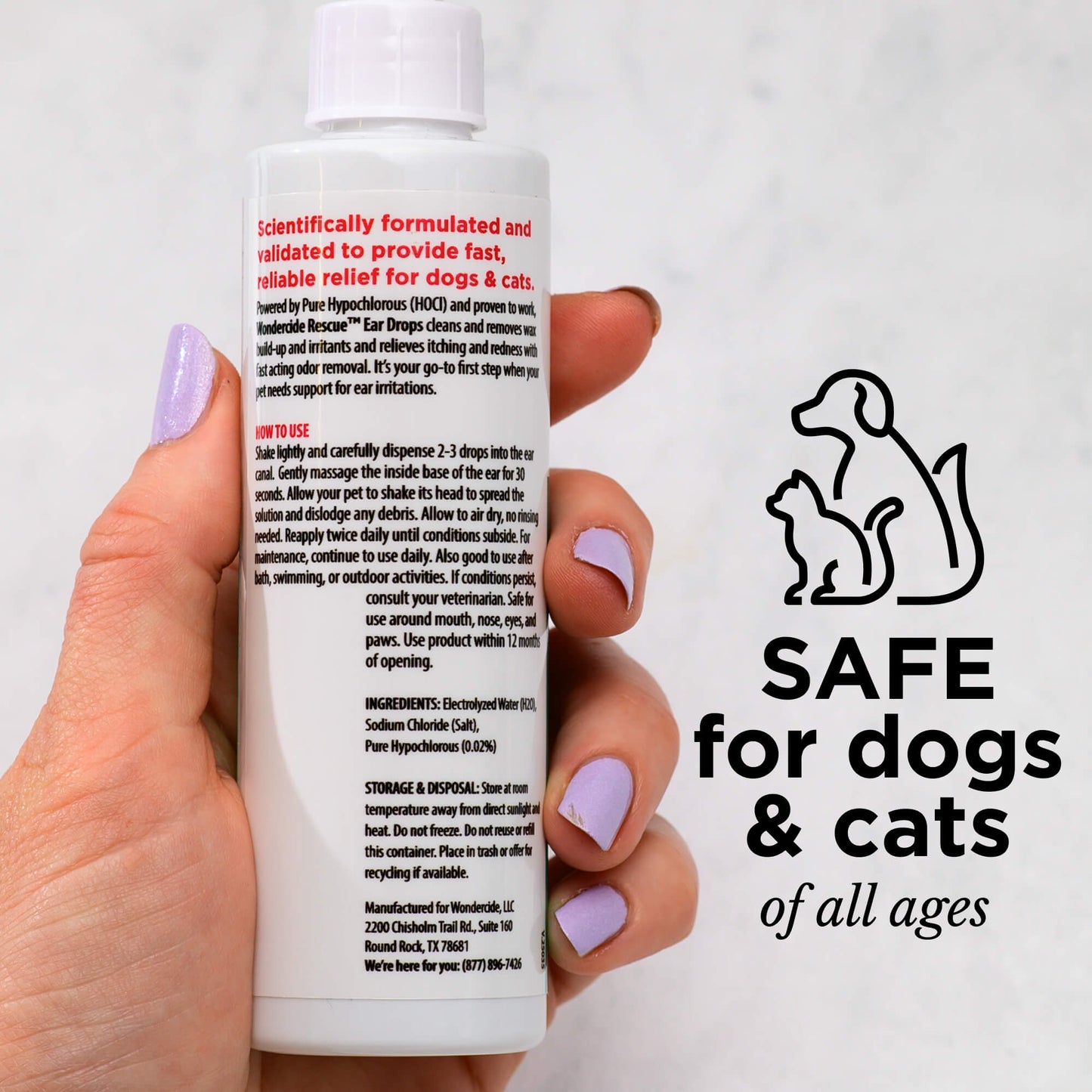 A hand with lavender-painted nails holds a white bottle labeled Wondercide RESCUE™ Ear Drops for Dogs & Cats, next to a graphic of a dog and cat with the words SAFE for dogs & cats—helps prevent wax build-up.