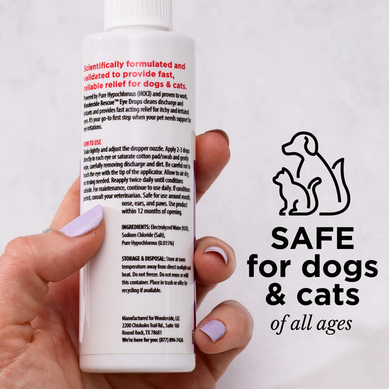 A hand holds a white bottle labeled Wondercide RESCUE™ Eye Drops. Next to it is an outline of a dog and cat with text: SAFE for dogs & cats of all ages—ideal hypochlorous eye drops for pet eye irritation from Wondercide.