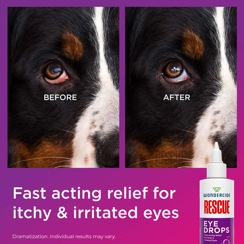 Side-by-side comparison of a dog’s eye before (red, irritated) and after (clear, healthy) above Wondercide RESCUE™ Eye Drops, highlighting fast relief from pet eye irritation.