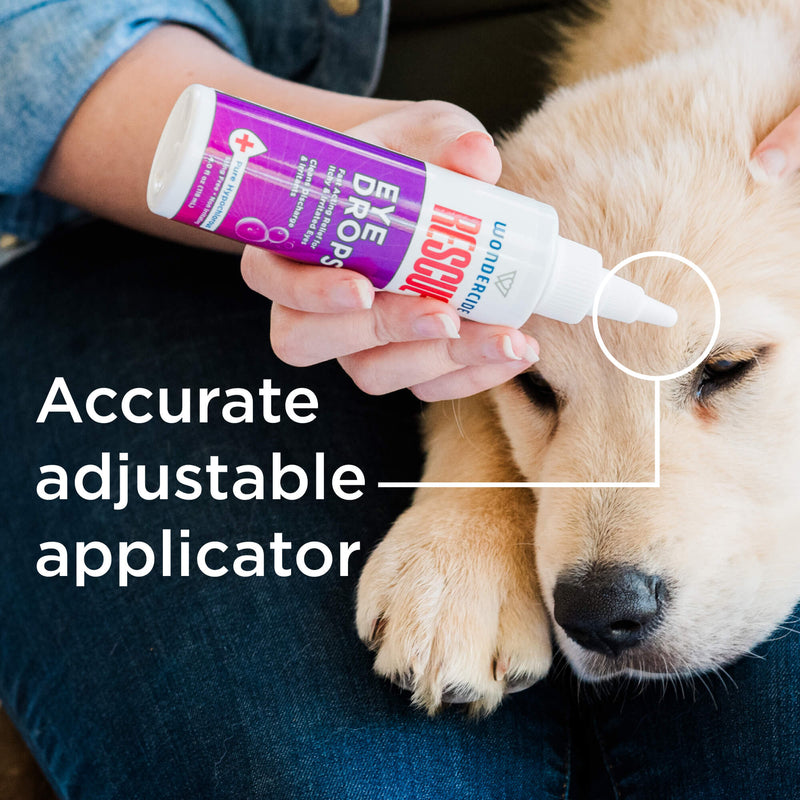 A person holds a bottle of Wondercide RESCUE™ Eye Drops with an adjustable applicator near a dog’s eye. The image highlights “Accurate adjustable applicator” and promotes Wondercide’s gentle solution for pet eye irritation.