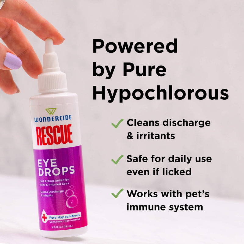 A hand holds a bottle of Wondercide RESCUE™ Eye Drops. The text highlights benefits: made with pure hypochlorous, relieves pet eye irritation, cleans discharge, safe for daily use, and supports the immune system.