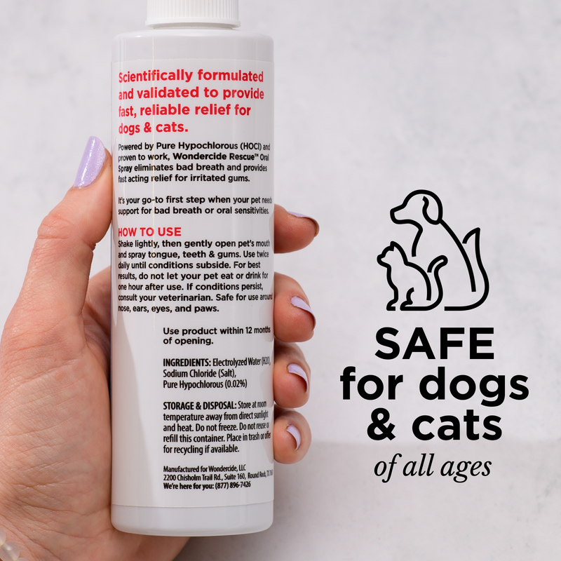 A hand holds a bottle of Wondercide RESCUE™ Oral Spray, an alcohol-free pet care product. Text describes usage and ingredients. Beside it, a graphic shows a dog and cat with: “SAFE for dogs & cats of all ages. Perfect for daily oral care.”.