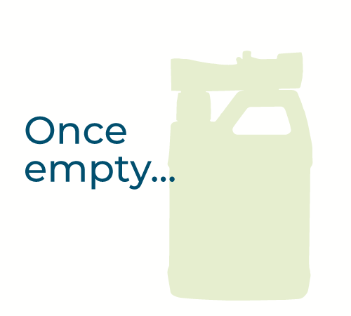 Animated image of a Wondercide Ready-to-Use Outdoor Mosquito Spray jug with the text Once empty... changing to Recycle me!, next to the jug—great for repurposing after use into a spray for pest protection against fleas and mosquitoes.