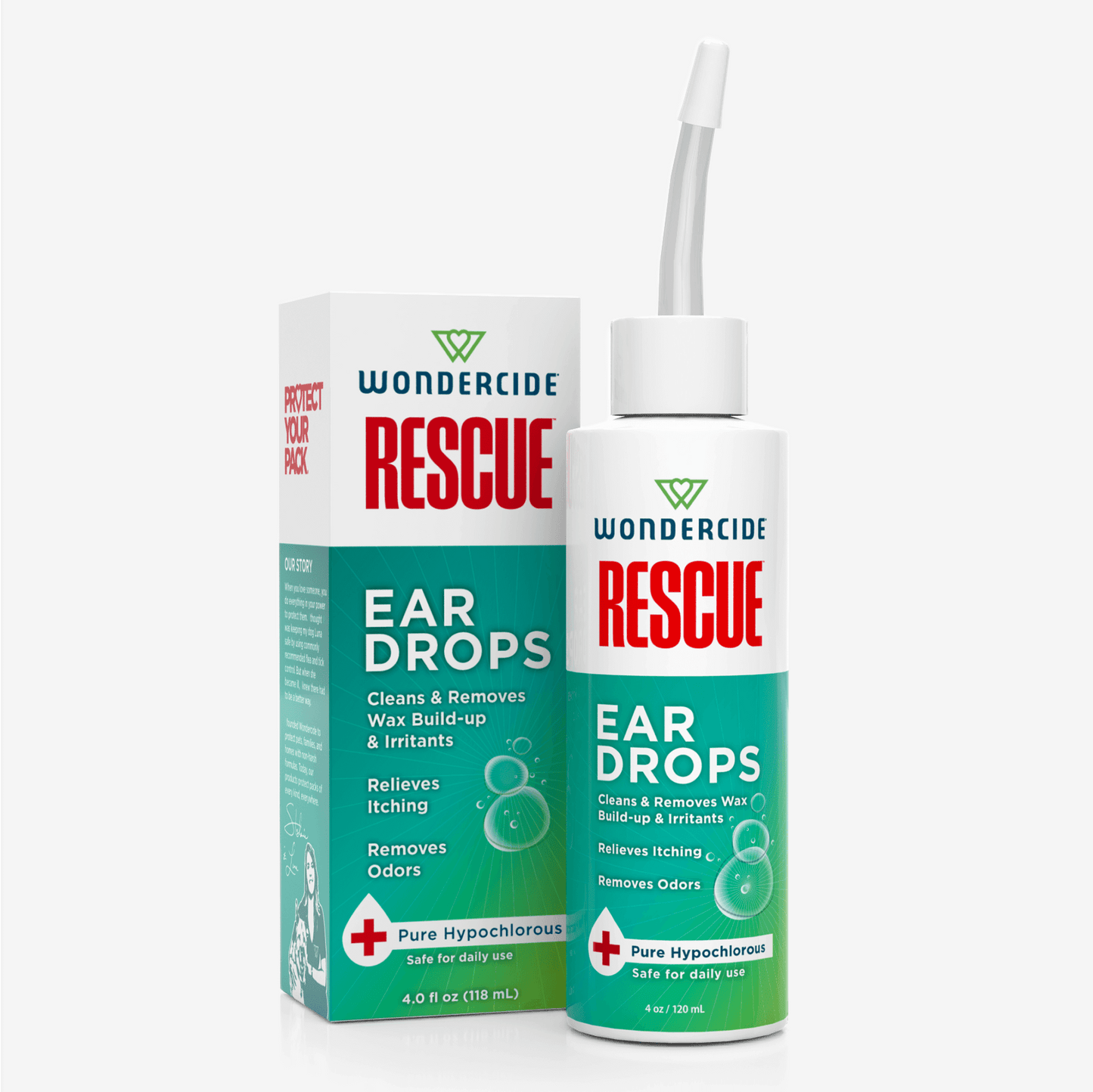 A bottle of Wondercide RESCUE™ Ear Drops for Dogs & Cats with a nozzle appears beside its box, highlighting benefits like wax removal, relief from irritation and itching, odor reduction, and safe daily use with Pure Hypochlorous.