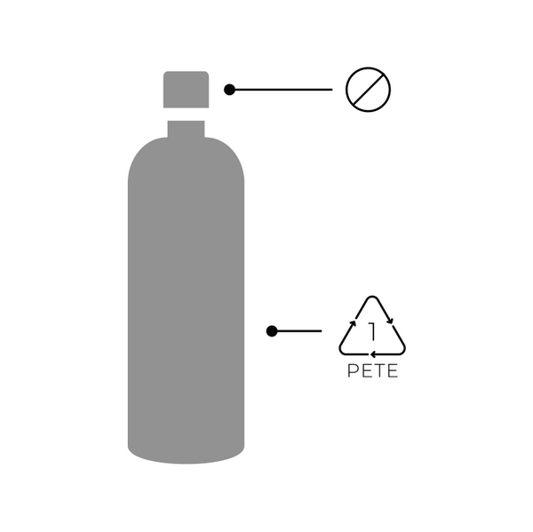Gray silhouette of a bottle with a line pointing to the cap and a circle-backslash symbol, indicating no cap. Another line points to the bottles body, showing the recycling symbol with the number 1 and “PETE” inside.