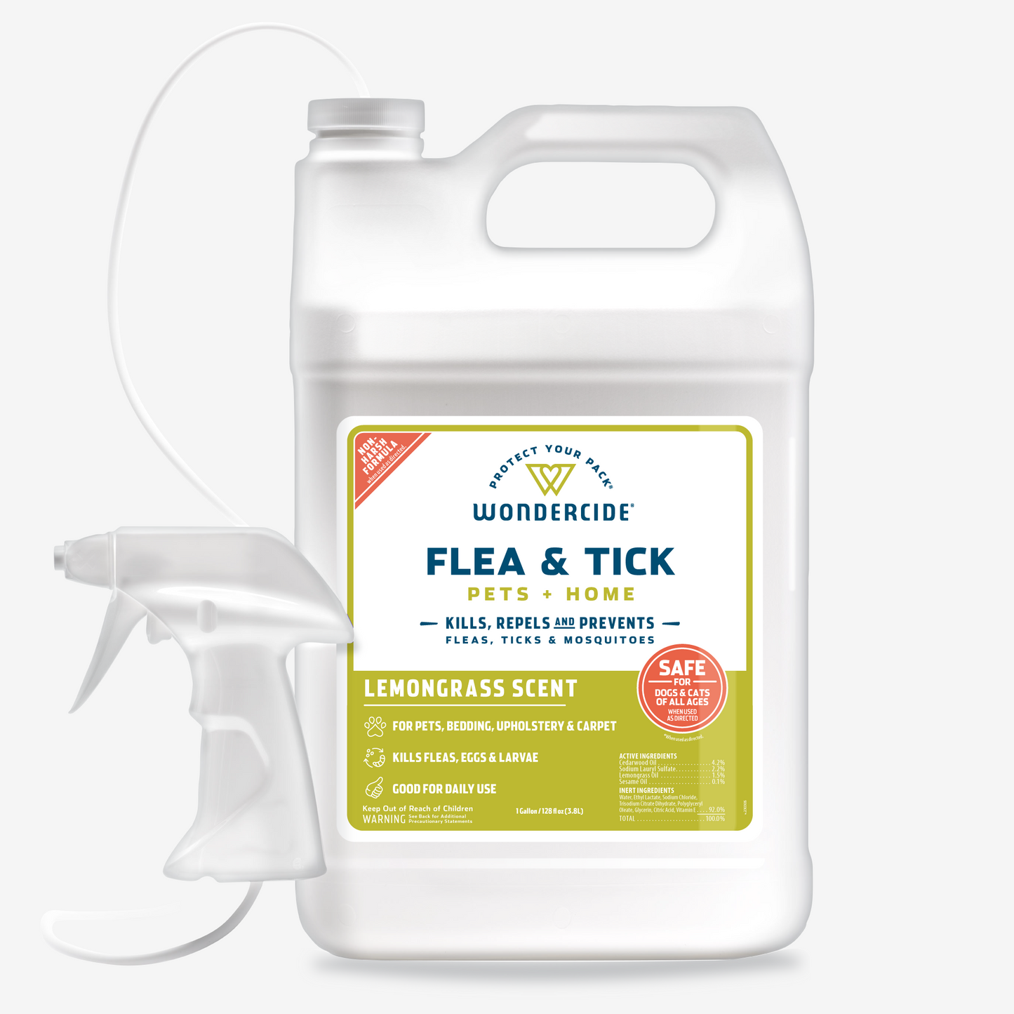 A white gallon jug of Wondercide Flea & Tick Spray for Pets + Home with lemongrass scent and a clear spray nozzle. Safe for dogs and cats, it kills, repels, and prevents pests in your home.
