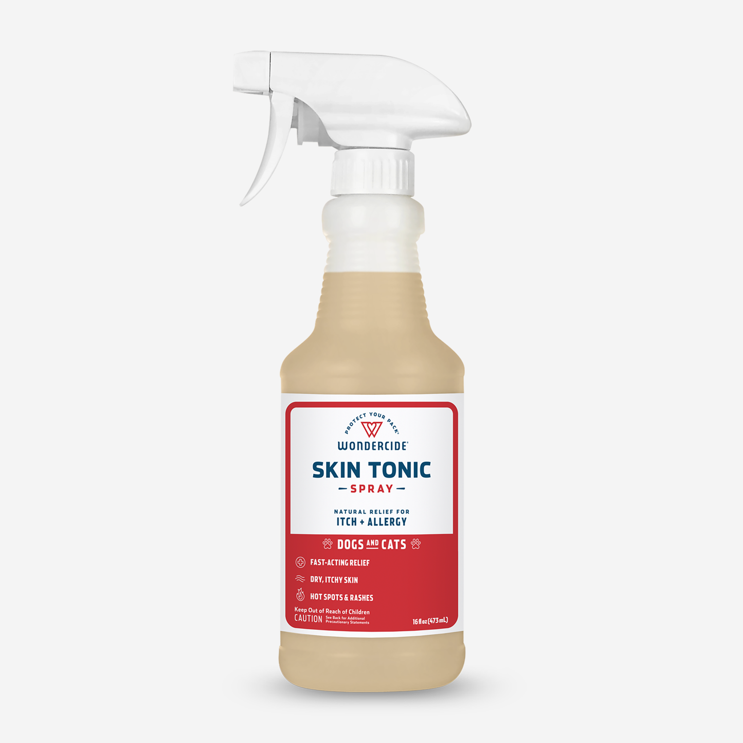 Wondercides Skin Tonic Itch Spray for Dogs + Cats with Natural Essential Oils provides soothing relief for pets itch and allergy issues using natural ingredients like neem oil. The bottle is clear with a red label and a white spray nozzle.