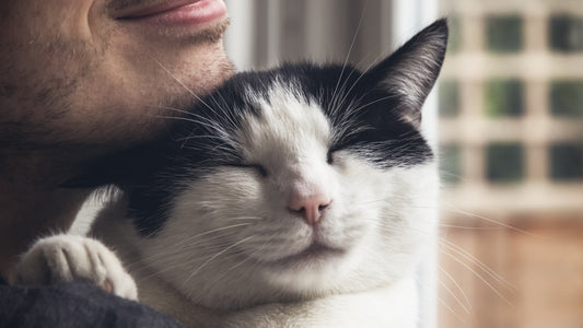 A man holds a black and white cat while both smile