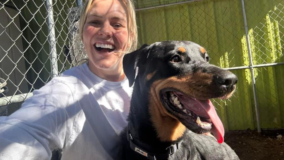 A woman holds a black dog with a brown muzzle in a kennel
