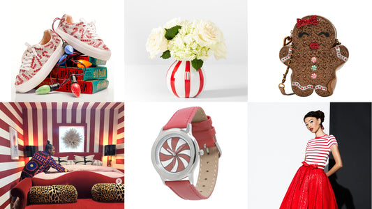 Six peppermint inspired goods and decor items in a checkerboard pattern