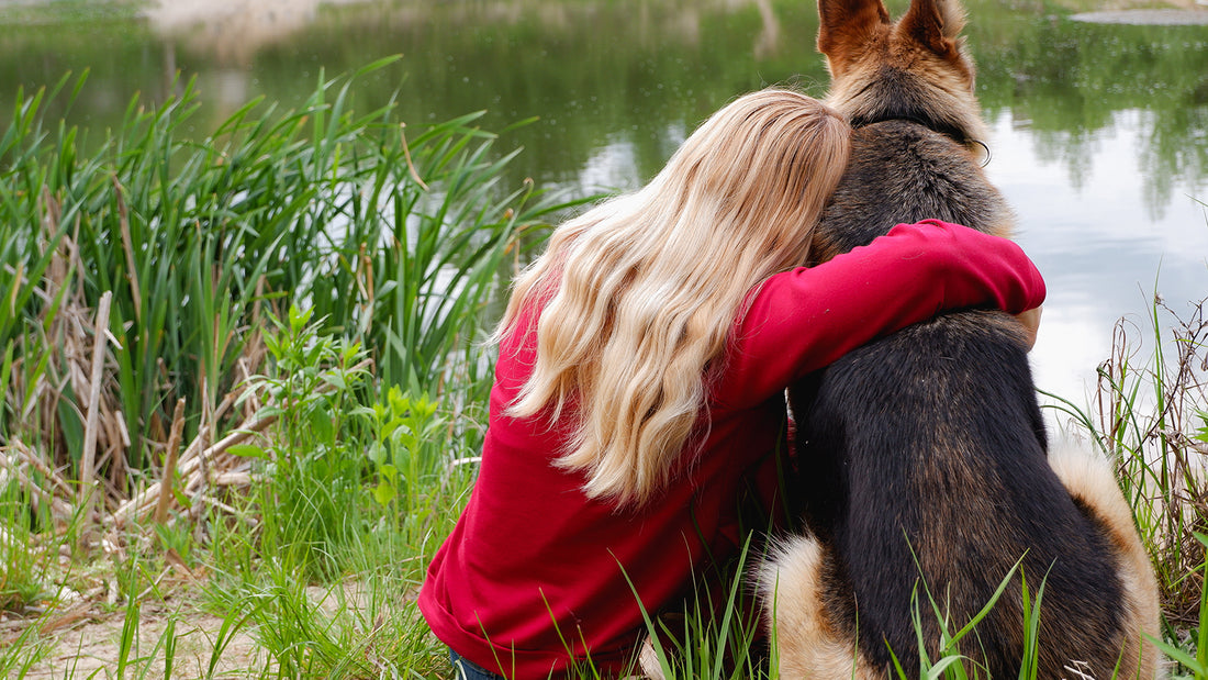 A person with long bonde hair wearing a red shirt hugs a German Shepard as viewed from behind them 