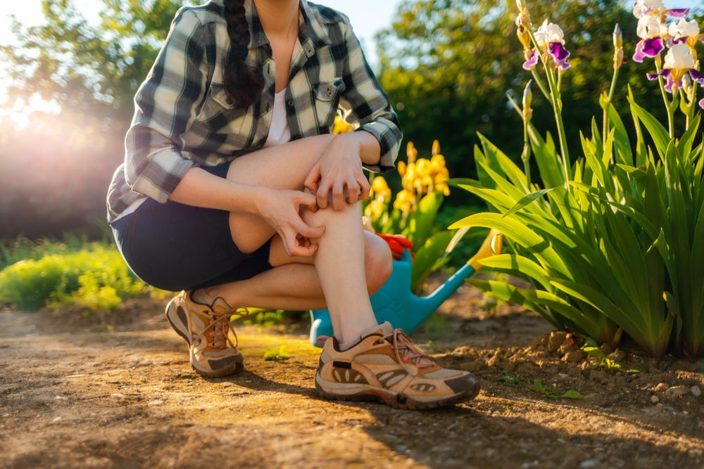 woman scratching her leg in garden