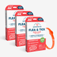 Three packs of Wondercides 12-Month Flea & Tick Collars for Dogs + Cats are shown, featuring natural protection with plant-based ingredients. They offer a refreshing peppermint scent, water resistance, and 4 months of defense per collar. An orange plant-powered collar is displayed next to the packs.