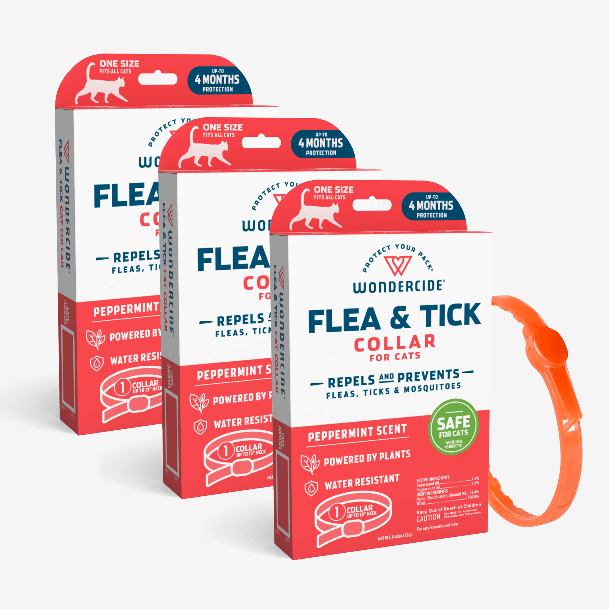 Three packs of Wondercides 12-Month Flea & Tick Collars for Dogs + Cats are shown, featuring natural protection with plant-based ingredients. They offer a refreshing peppermint scent, water resistance, and 4 months of defense per collar. An orange plant-powered collar is displayed next to the packs.