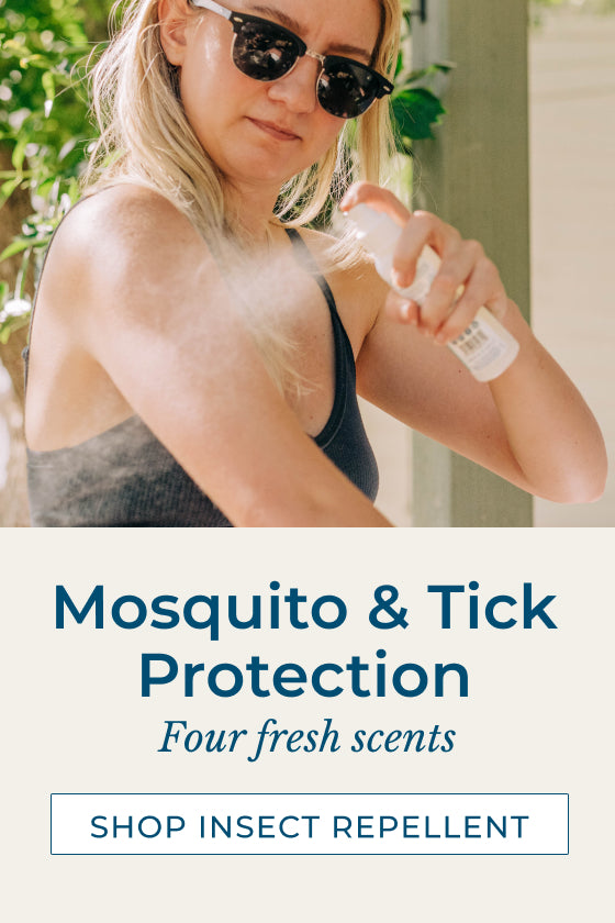 A person wearing sunglasses sprays insect repellent on their arm outdoors. The text reads, Mosquito & Tick Protection - Four fresh scents. Shop insect repellent.