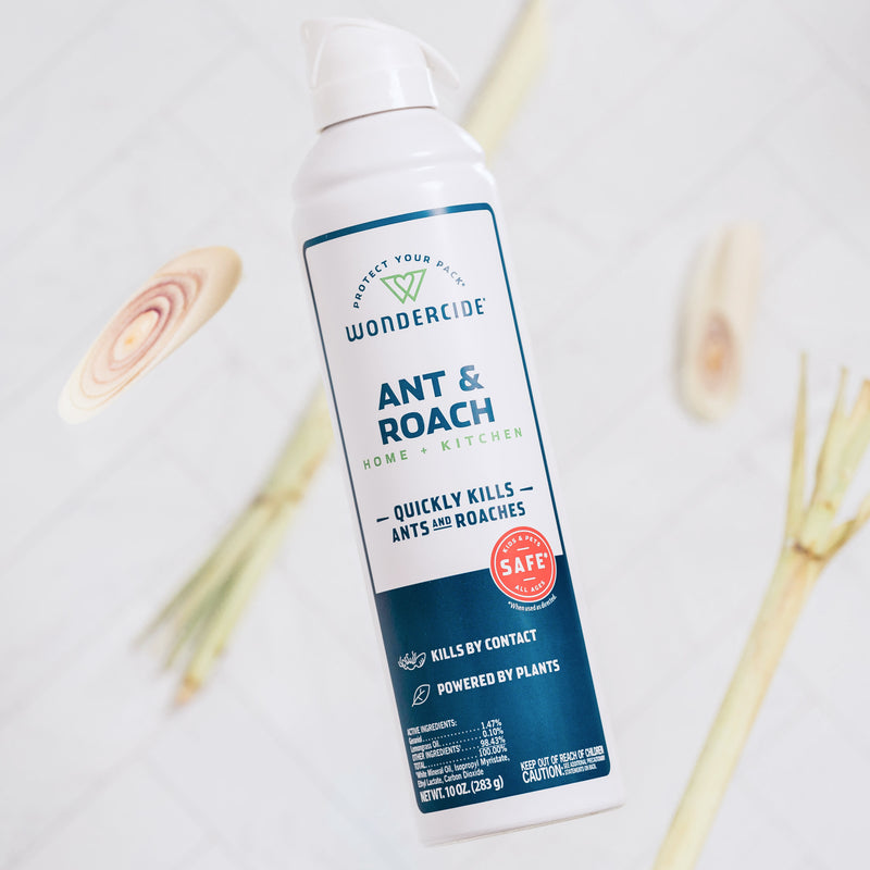 A can of Wondercide Ant & Roach for Home + Kitchen plant-powered spray rests on a white surface beside lemongrass stalks. The label notes it kills ants and roaches and is safe for use around pets in your home and kitchen.