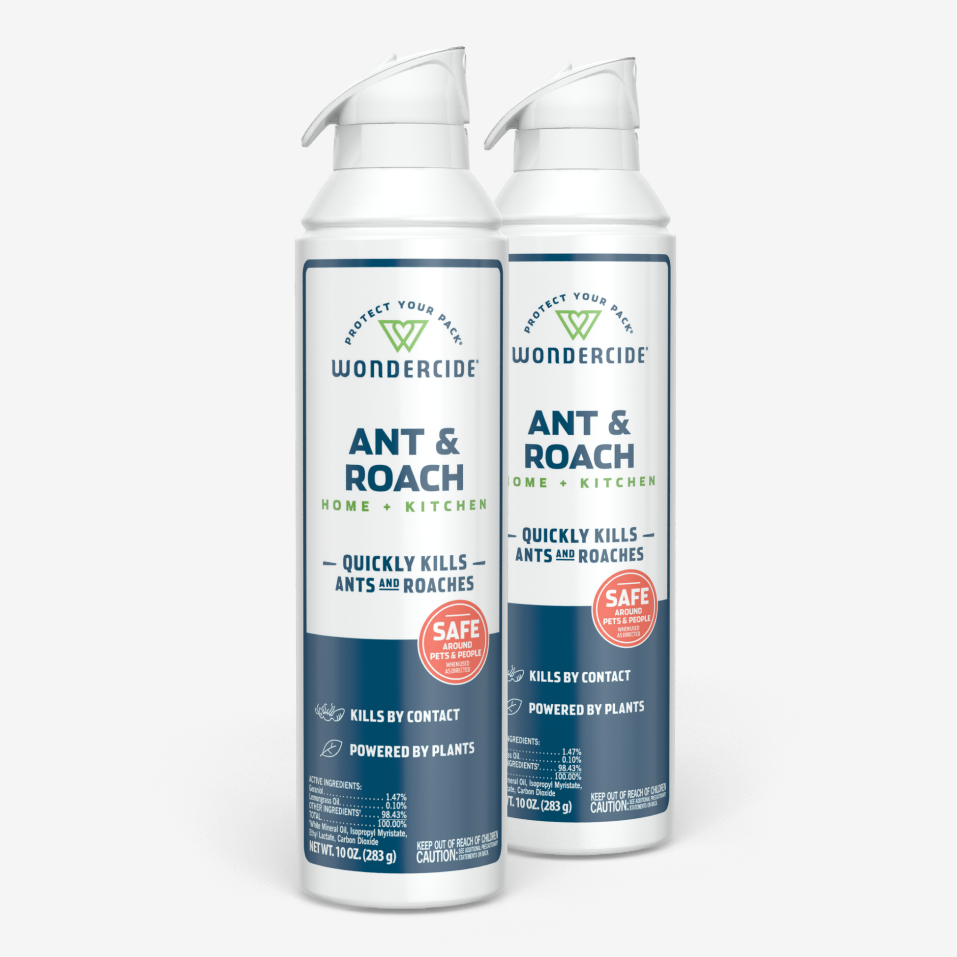 Two spray bottles of Wondercide Ant & Roach for Home + Kitchen with Natural Essential Oils are shown. The labels emphasize its plant-powered efficacy against ants and roaches, highlight pet safety when used as directed, and indicate suitability for home and kitchen use.