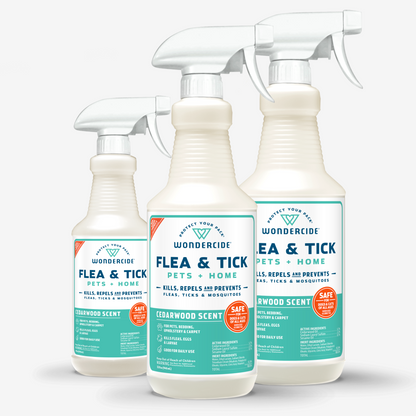 Three bottles of Wondercides Apartment Treatment Kit, a Flea & Tick spray with natural essential oils, are showcased. This cedarwood-scented formula is plant-powered and effective for pets and homes, highlighted for its pest-killing and repelling capabilities while ensuring safety for you and your pets.