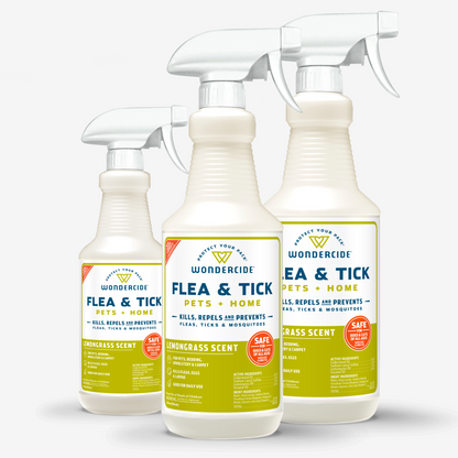 Three Wondercide Apartment Treatment Kits, featuring Flea & Tick Spray with Natural Essential Oils in refreshing lemongrass scent and a convenient trigger nozzle, kill, repel, and prevent fleas, ticks, and mosquitoes effectively.