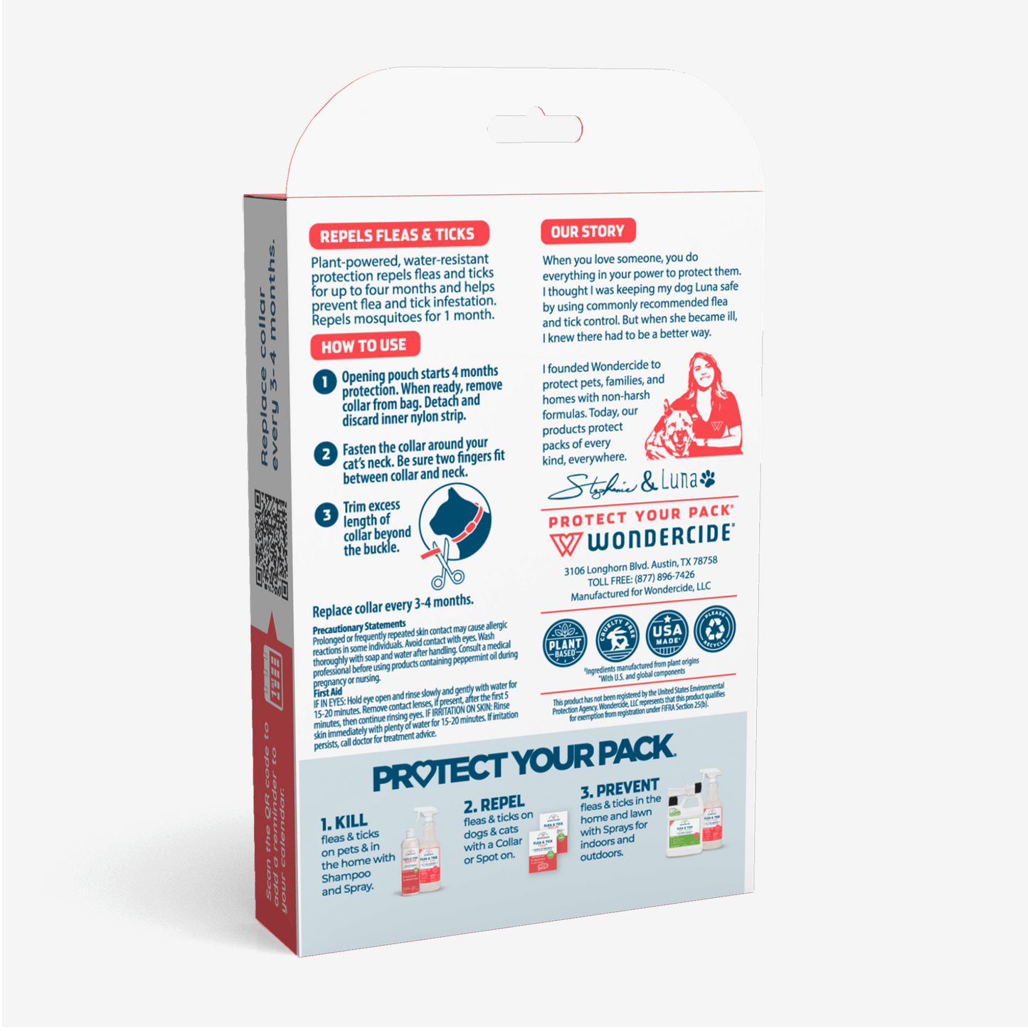 Image of a Wondercide 12-Month Flea & Tick Collar for Dogs + Cats box showcasing eco-friendly, plant-powered collars with natural, water-resistant features, and graphics emphasizing health-conscious attributes for effective flea and tick protection.