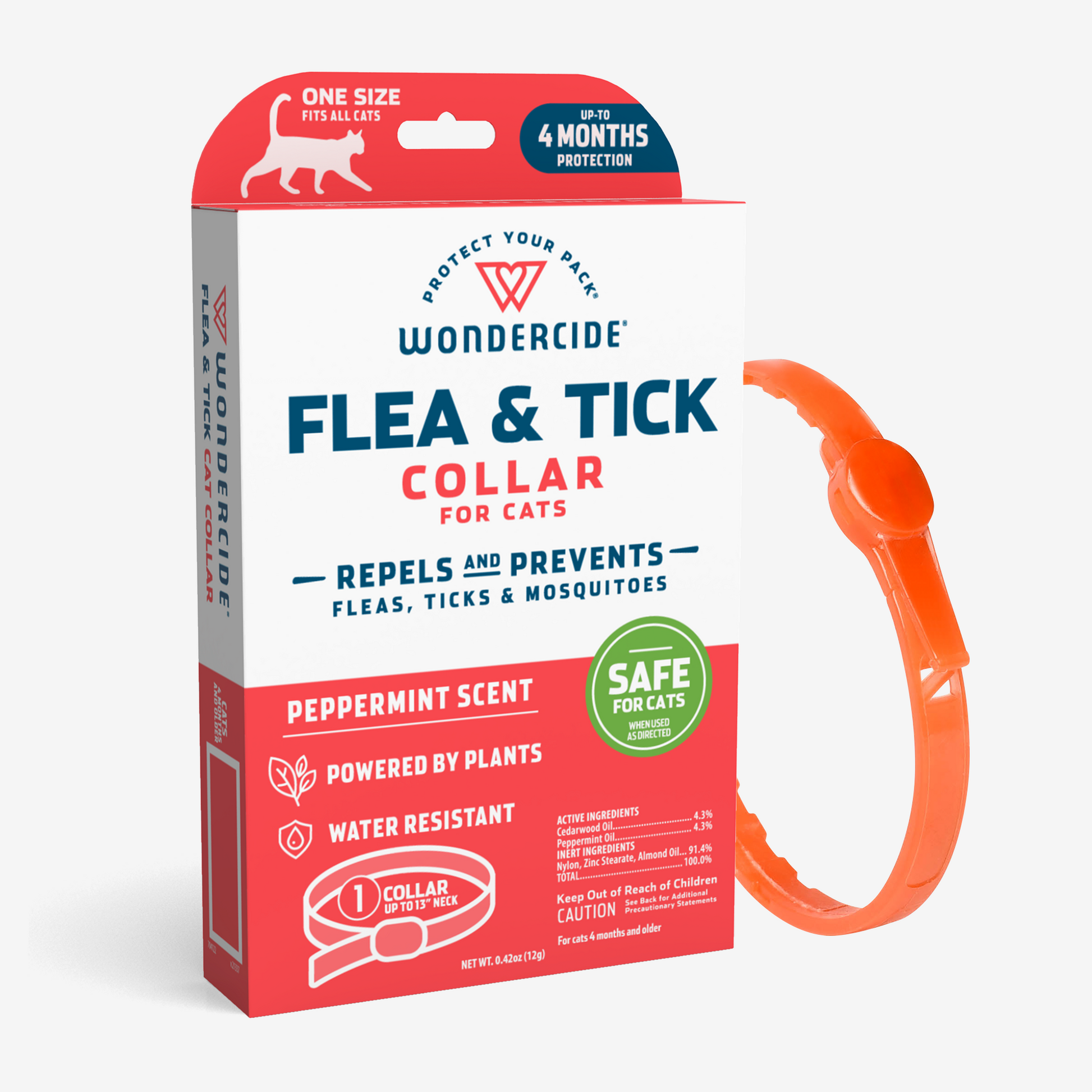 The packaging of Wondercides 12-Month Flea & Tick Collar for Cats emphasizes tick prevention. It features a white box with red and blue text, promoting benefits like a peppermint scent, plant-based ingredients, water resistance, and shows an orange collar that also repels mosquitoes.