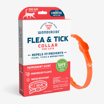 The packaging of Wondercides 12-Month Flea & Tick Collar for Cats emphasizes tick prevention. It features a white box with red and blue text, promoting benefits like a peppermint scent, plant-based ingredients, water resistance, and shows an orange collar that also repels mosquitoes.