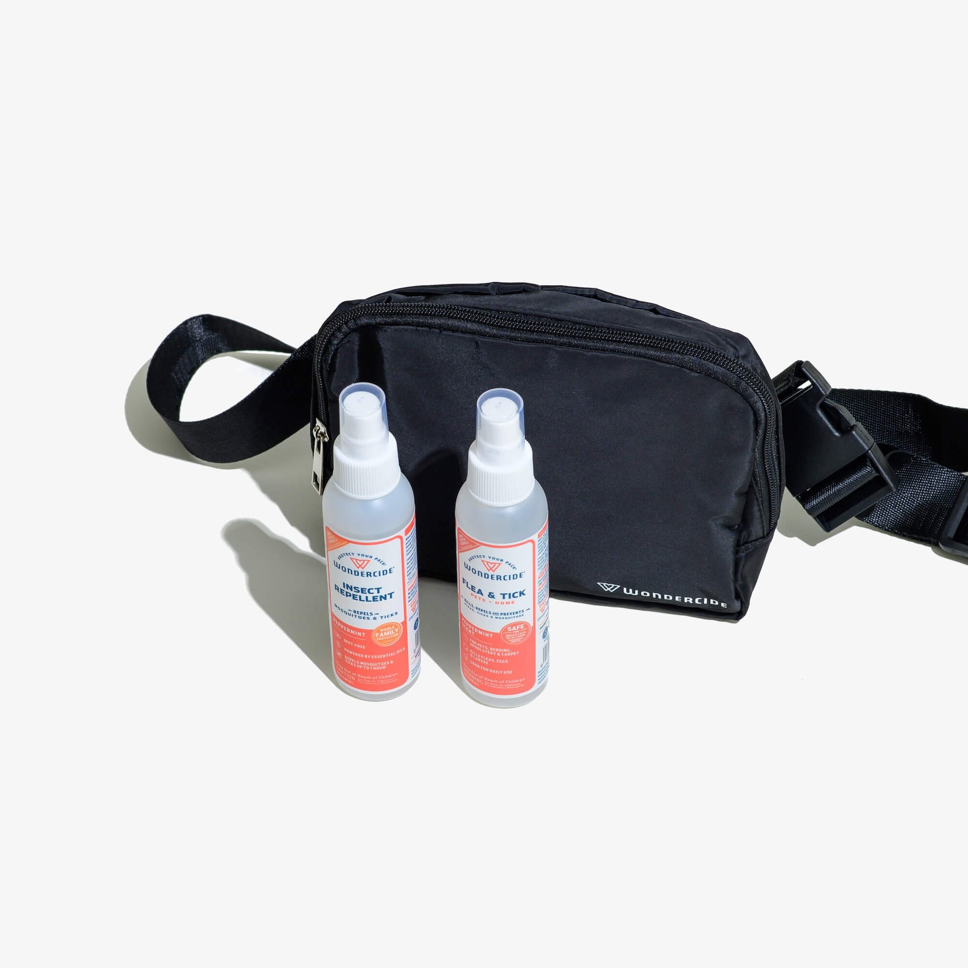 The Wondercide Peppermint Travel Kit features two bug sprays for pets and people, displayed with a black sling bag with a zipper and adjustable strap, all set against a plain white background.