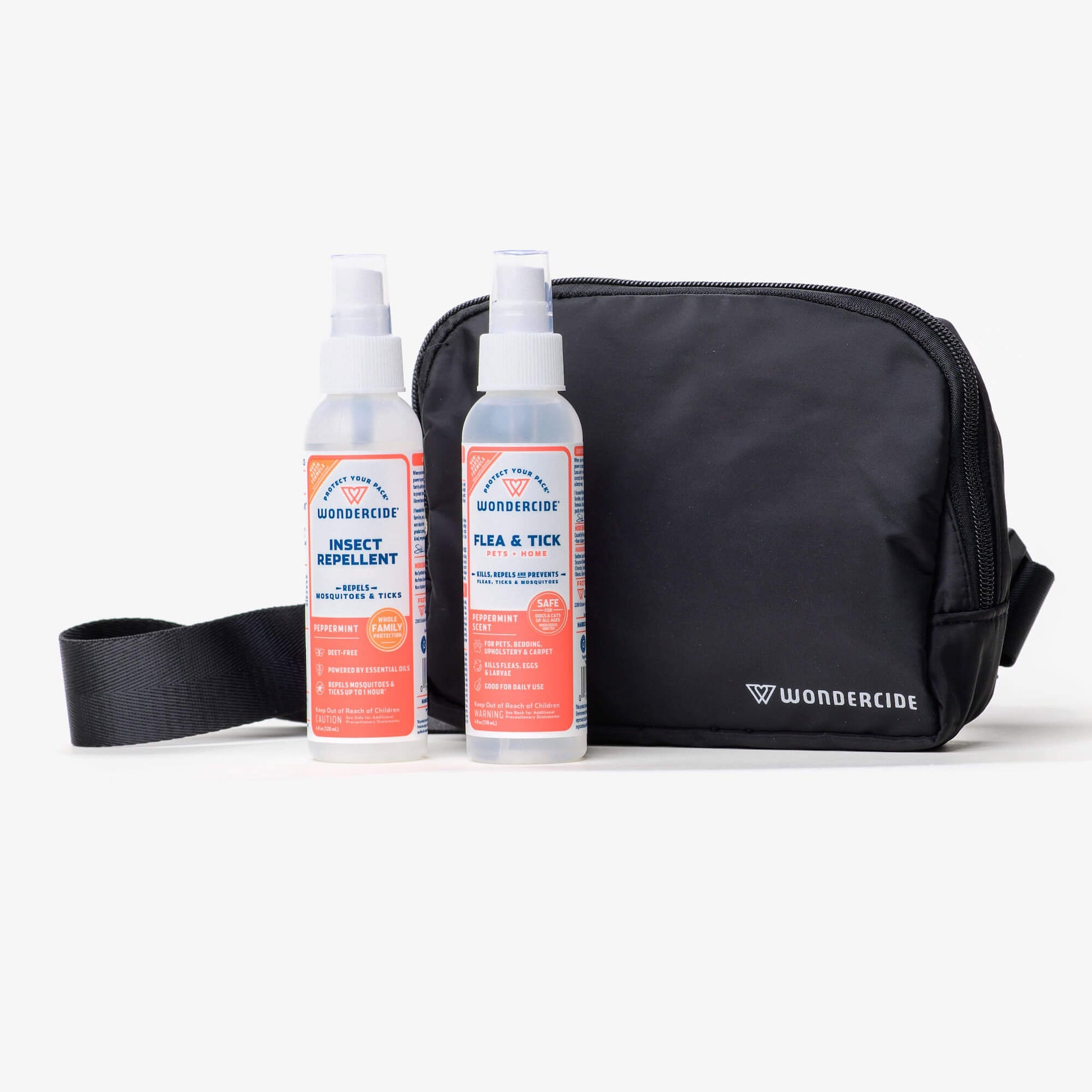 The Wondercide Peppermint Travel Kit includes bug sprays for pets and people, plus a black sling bag with a shoulder strap, all displayed on a white background.