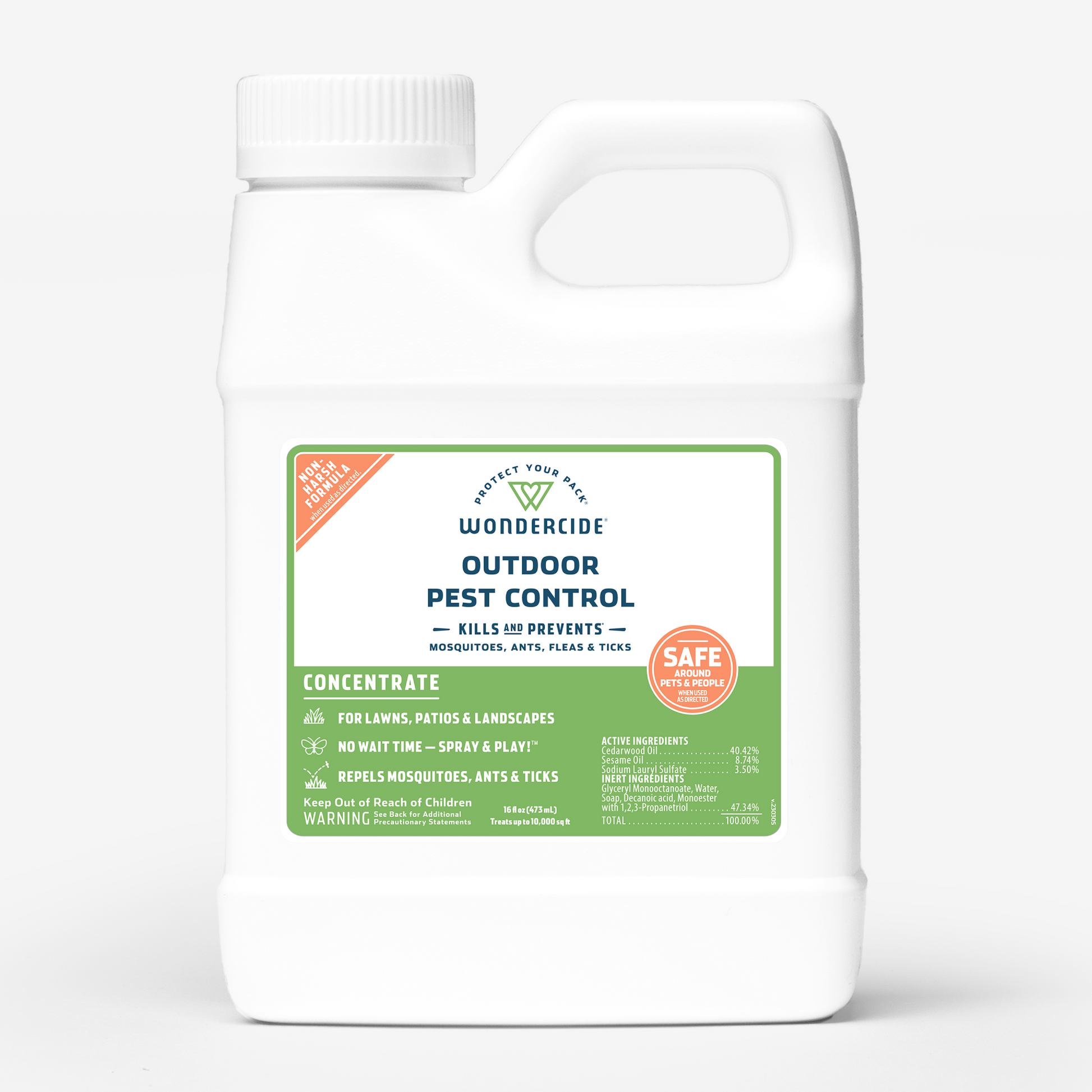 Wondercide Outdoor Pest Control Concentrate for Yard + Garden with Natural Essential Oils effectively repels mosquitoes, ants, fleas, and ticks. The white bottles label emphasizes its pet and people safety with no wait time required. Ideal for lawns, patios, and landscapes.